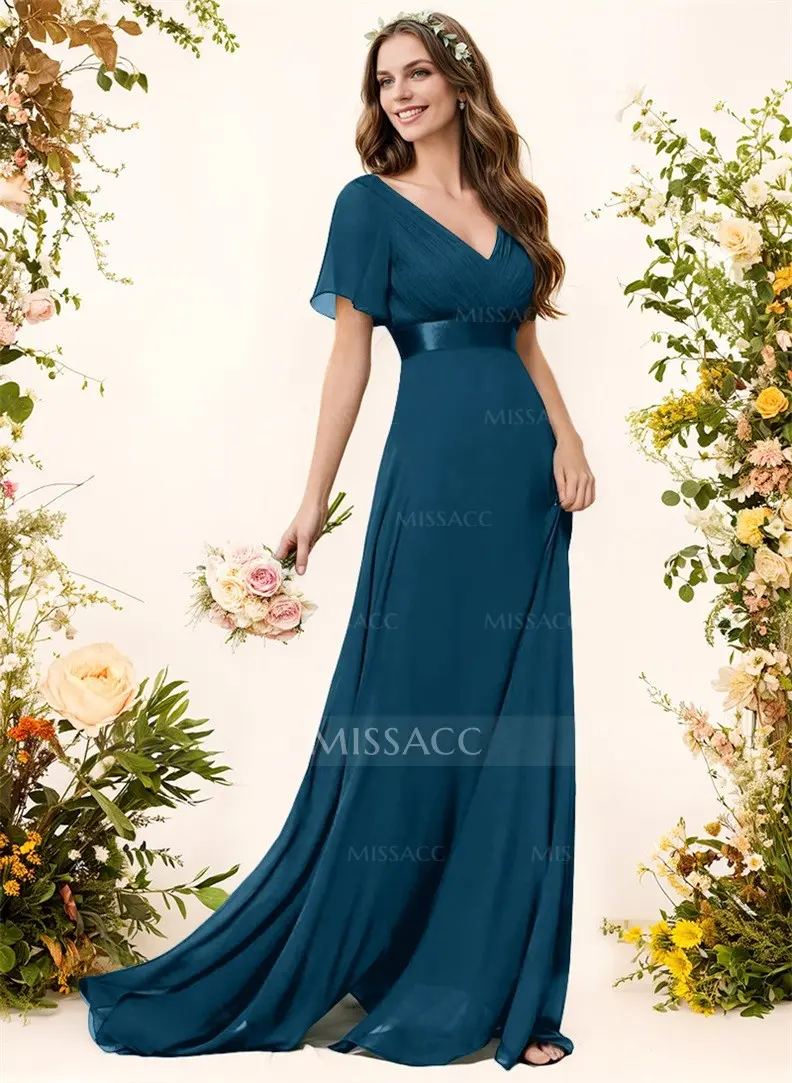 plunging v neck crinkle chiffon bridesmaid dress Pink Plunging Neck Flutter Sleeve Chiffon A-line Slit Bridesmaid Dress