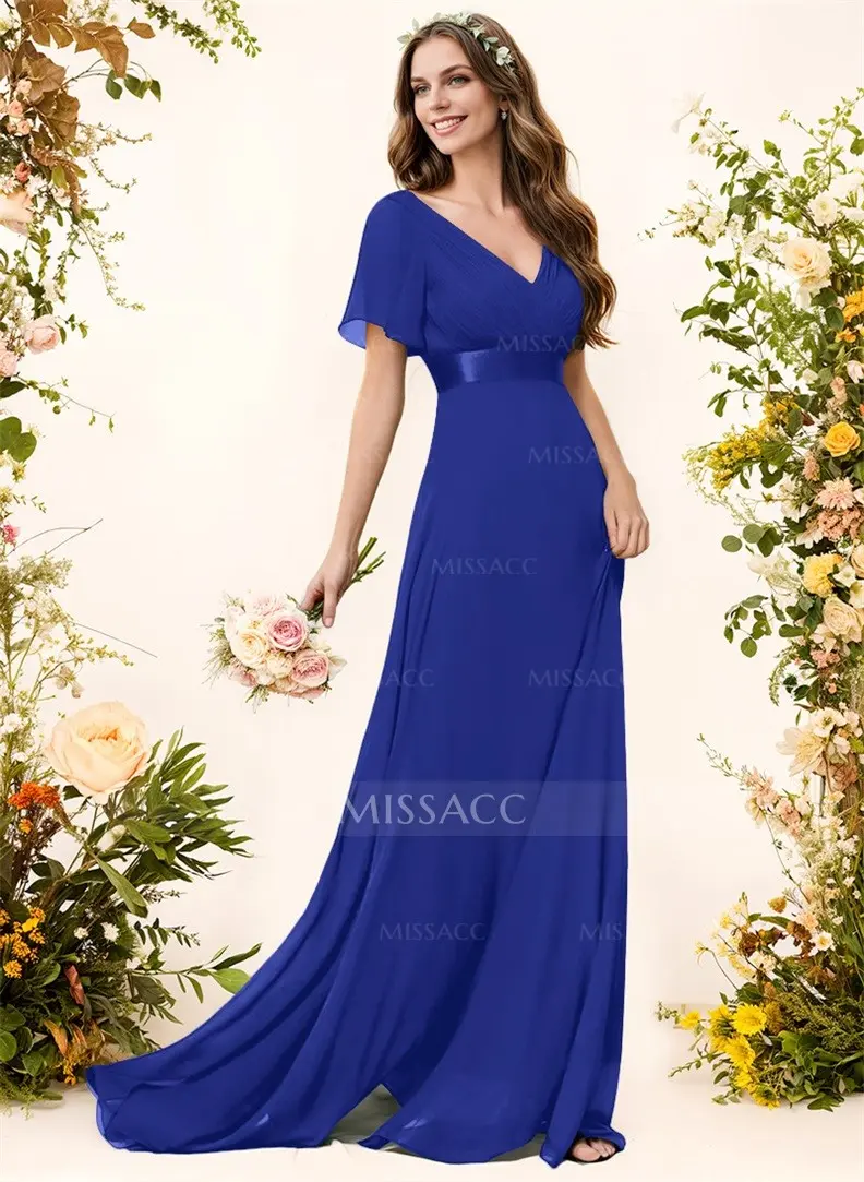 plunging v neck crinkle chiffon bridesmaid dress Charming V-Neck Chiffon Floor Length Bridesmaid Dresses with Split main image 0