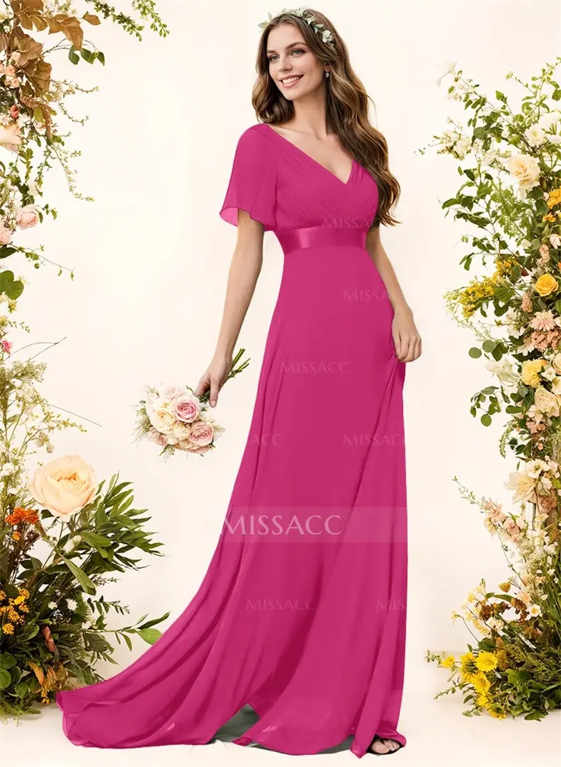 off the shoulder blush bridesmaid dress Wedtrend Women Bridesmaids A Line V-Neck Long Chiffon Wedding Party Formal Bridesmaid  Dress with Slit – WEDTREND main image 1