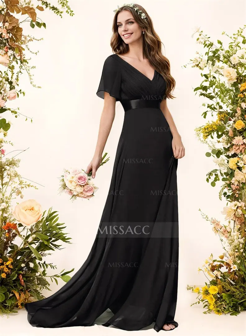 A-Line V-Neck Short Sleeves Chiffon Sweep Train Bridesmaid Dresses With  Pleated - Missacc