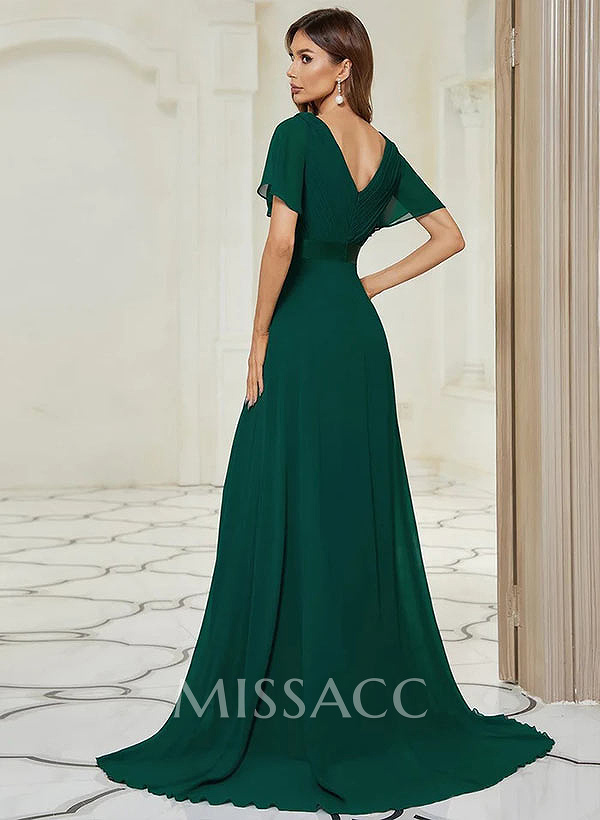 A-Line V-Neck Short Sleeves Chiffon Sweep Train Bridesmaid Dresses With Pleated A-Line V-Neck Short Sleeves Chiffon Sweep Train Bridesmaid Dresses With Pleated