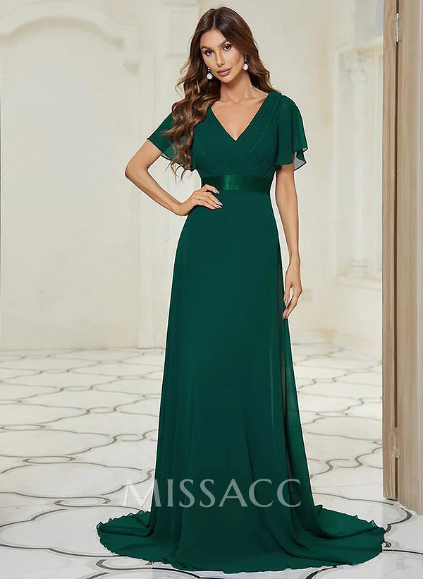 A-Line V-Neck Short Sleeves Chiffon Sweep Train Bridesmaid Dresses With Pleated A-Line V-Neck Short Sleeves Chiffon Sweep Train Bridesmaid Dresses With Pleated