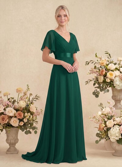 A-Line V-Neck Short Sleeves Chiffon Sweep Train Bridesmaid Dresses With Pleated