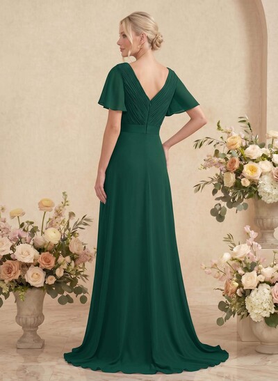 A-Line V-Neck Short Sleeves Chiffon Sweep Train Bridesmaid Dresses With Pleated