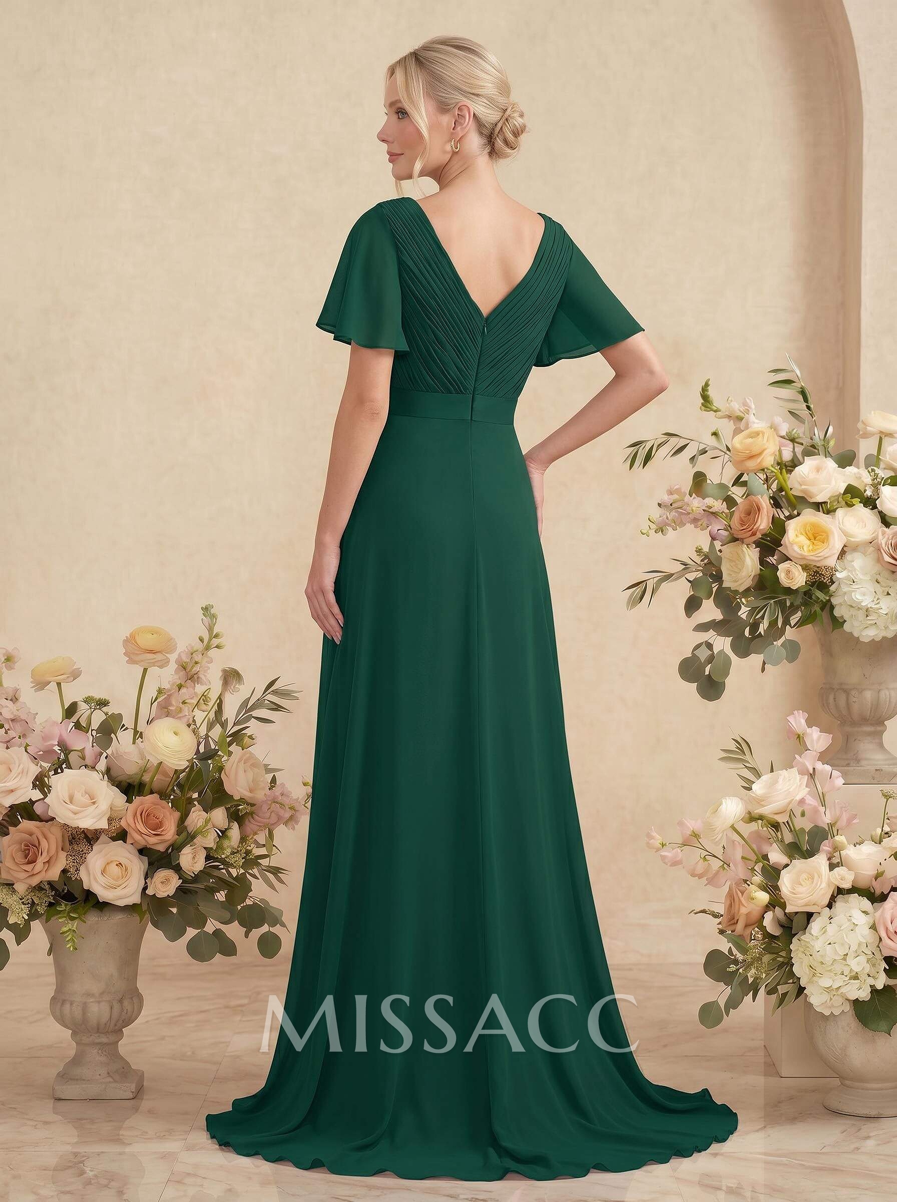 A-Line V-Neck Short Sleeves Chiffon Sweep Train Bridesmaid Dresses With Pleated A-Line V-Neck Short Sleeves Chiffon Sweep Train Bridesmaid Dresses With Pleated