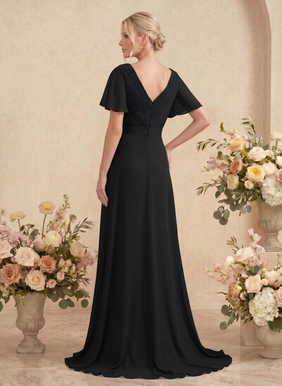 A-Line V-Neck Short Sleeves Chiffon Sweep Train Bridesmaid Dresses With Pleated