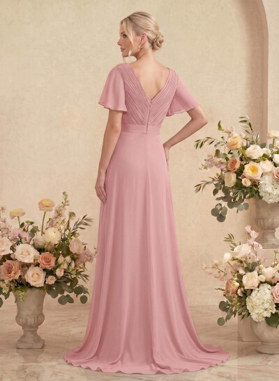 A-Line V-Neck Short Sleeves Chiffon Sweep Train Bridesmaid Dresses With Pleated
