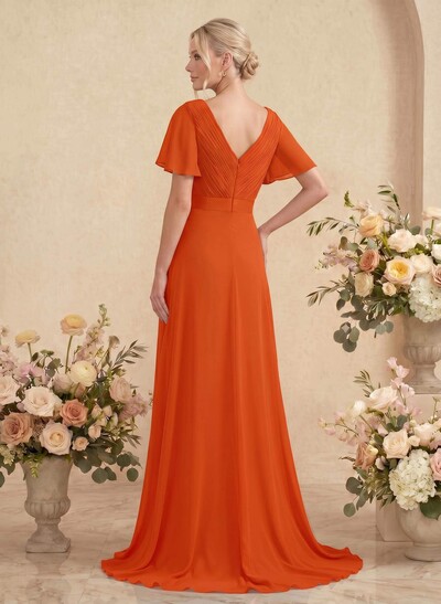 A-Line V-Neck Short Sleeves Chiffon Sweep Train Bridesmaid Dresses With Pleated