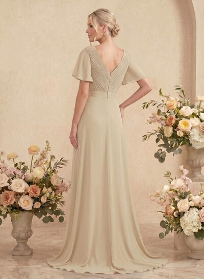 A-Line V-Neck Short Sleeves Chiffon Sweep Train Bridesmaid Dresses With Pleated