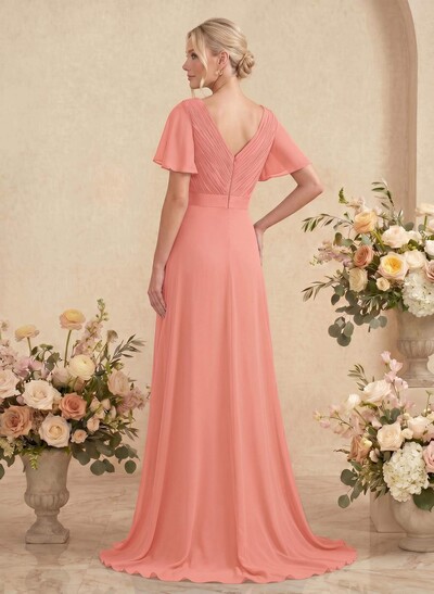 A-Line V-Neck Short Sleeves Chiffon Sweep Train Bridesmaid Dresses With Pleated