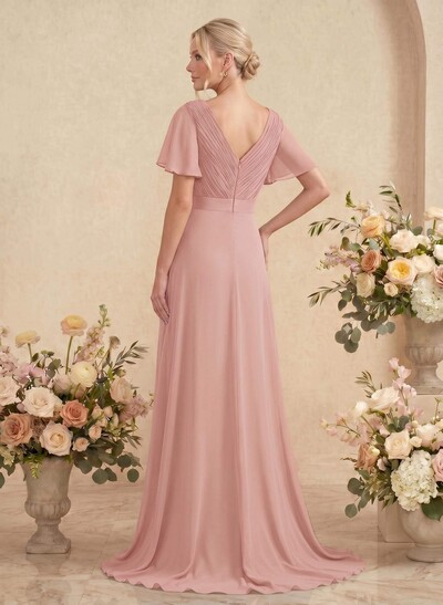 A-Line V-Neck Short Sleeves Chiffon Sweep Train Bridesmaid Dresses With Pleated