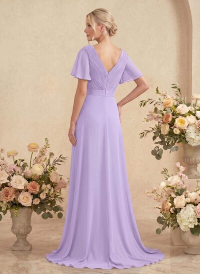 A-Line V-Neck Short Sleeves Chiffon Sweep Train Bridesmaid Dresses With Pleated