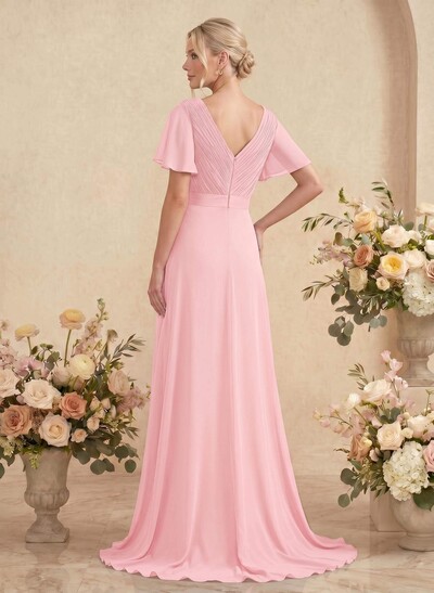 A-Line V-Neck Short Sleeves Chiffon Sweep Train Bridesmaid Dresses With Pleated