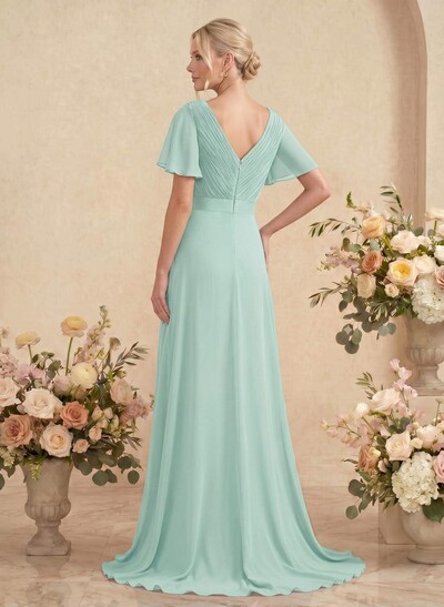A-Line V-Neck Short Sleeves Chiffon Sweep Train Bridesmaid Dresses With Pleated