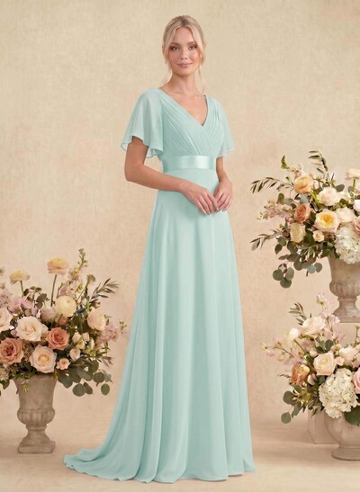 A-Line V-Neck Short Sleeves Chiffon Sweep Train Bridesmaid Dresses With Pleated
