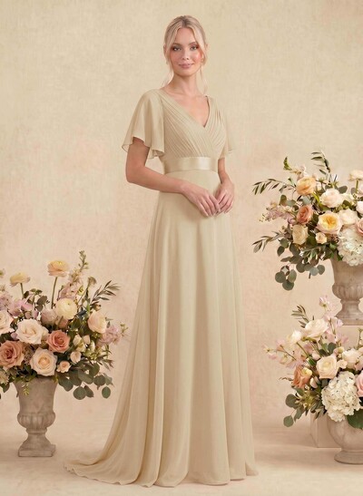 A-Line V-Neck Short Sleeves Chiffon Sweep Train Bridesmaid Dresses With Pleated