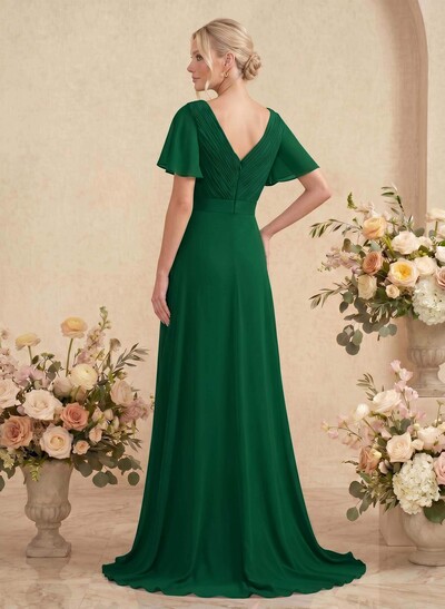 A-Line V-Neck Short Sleeves Chiffon Sweep Train Bridesmaid Dresses With Pleated