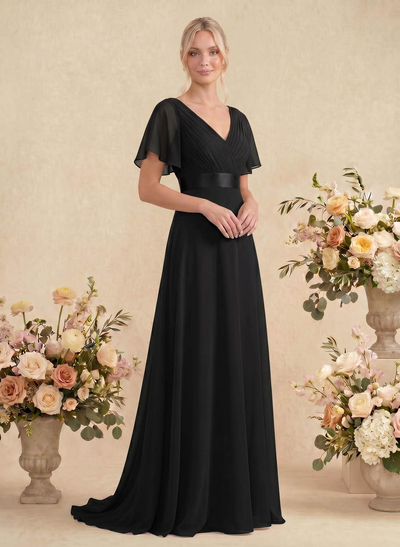 A-Line V-Neck Short Sleeves Chiffon Sweep Train Bridesmaid Dresses With Pleated