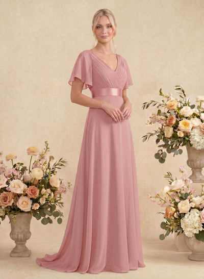 A-Line V-Neck Short Sleeves Chiffon Sweep Train Bridesmaid Dresses With Pleated