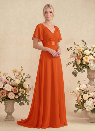 A-Line V-Neck Short Sleeves Chiffon Sweep Train Bridesmaid Dresses With Pleated