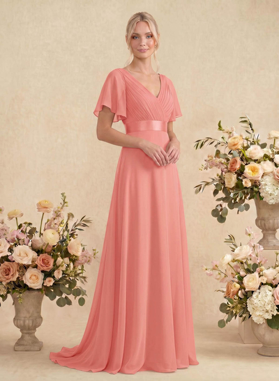 A-Line V-Neck Short Sleeves Chiffon Sweep Train Bridesmaid Dresses With Pleated