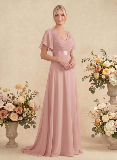 A-Line V-Neck Short Sleeves Chiffon Sweep Train Bridesmaid Dresses With Pleated