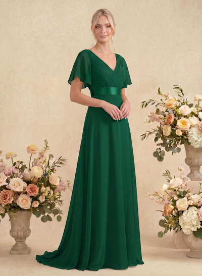 A-Line V-Neck Short Sleeves Chiffon Sweep Train Bridesmaid Dresses With Pleated