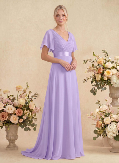 A-Line V-Neck Short Sleeves Chiffon Sweep Train Bridesmaid Dresses With Pleated
