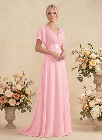 A-Line V-Neck Short Sleeves Chiffon Sweep Train Bridesmaid Dresses With Pleated