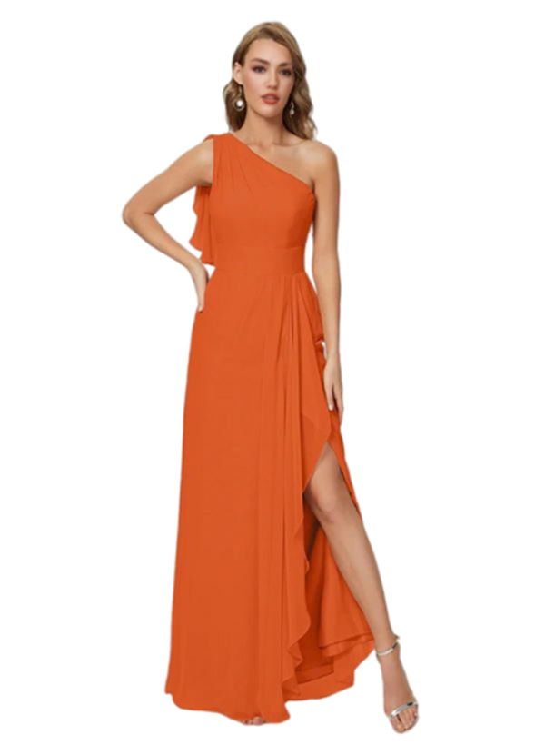 A-Line One-Shoulder Sleeveless Chiffon Floor-Length Bridesmaid Dress With Split Front