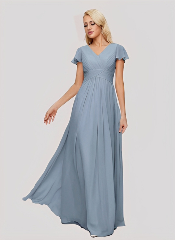 A-Line Sleeveless V-Neck Chiffon Floor-Length Bridesmaid Dress With Pleated Ruffle
