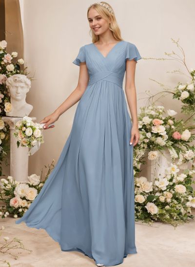 A-Line Sleeveless V-Neck Chiffon Floor-Length Bridesmaid Dress With Pleated Ruffle