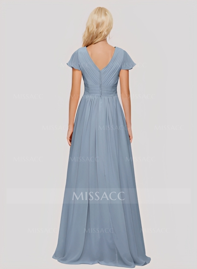 A-Line Sleeveless V-Neck Chiffon Floor-Length Bridesmaid Dress With Pleated Ruffle