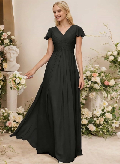 A-Line Sleeveless V-Neck Chiffon Floor-Length Bridesmaid Dress With Pleated Ruffle