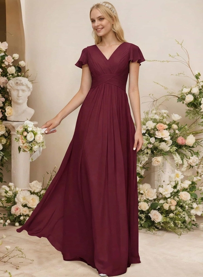 A-Line Sleeveless V-Neck Chiffon Floor-Length Bridesmaid Dress With Pleated Ruffle
