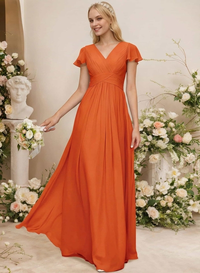 A-Line Sleeveless V-Neck Chiffon Floor-Length Bridesmaid Dress With Pleated Ruffle