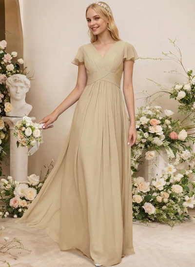 A-Line Sleeveless V-Neck Chiffon Floor-Length Bridesmaid Dress With Pleated Ruffle