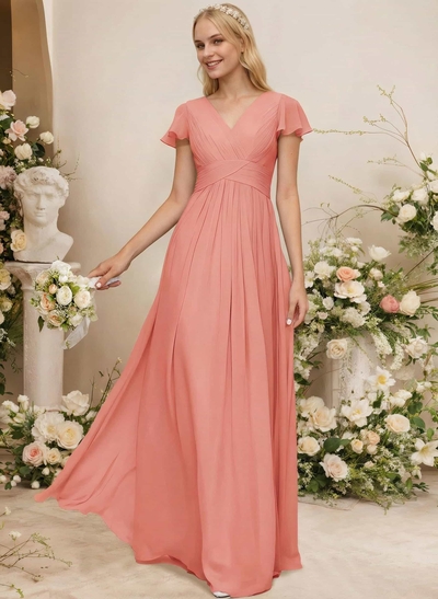 A-Line Sleeveless V-Neck Chiffon Floor-Length Bridesmaid Dress With Pleated Ruffle