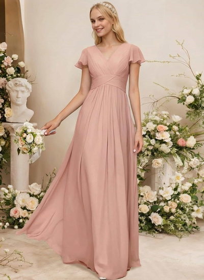 A-Line Sleeveless V-Neck Chiffon Floor-Length Bridesmaid Dress With Pleated Ruffle