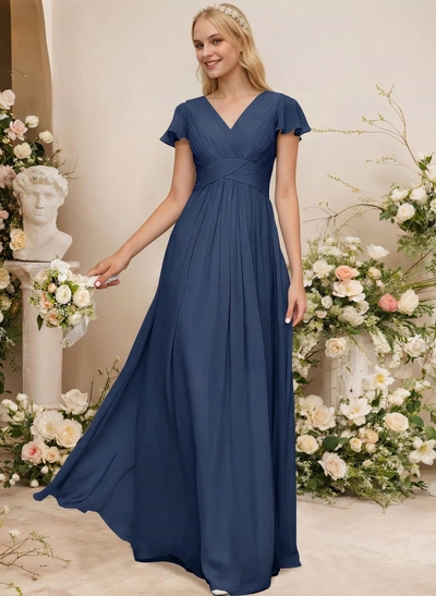 A-Line Sleeveless V-Neck Chiffon Floor-Length Bridesmaid Dress With Pleated Ruffle