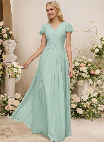 A-Line Sleeveless V-Neck Chiffon Floor-Length Bridesmaid Dress With Pleated Ruffle