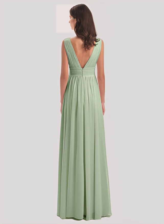 A-Line V-Neck Sleeveless Chiffon Floor-Length Bridesmaid Dress With Pleated