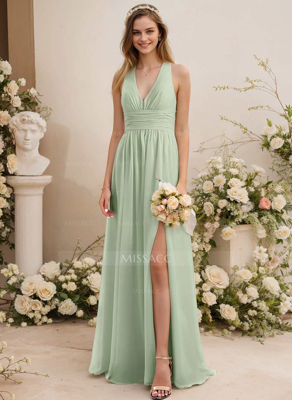 A-Line V-Neck Sleeveless Chiffon Floor-Length Bridesmaid Dress With Pleated