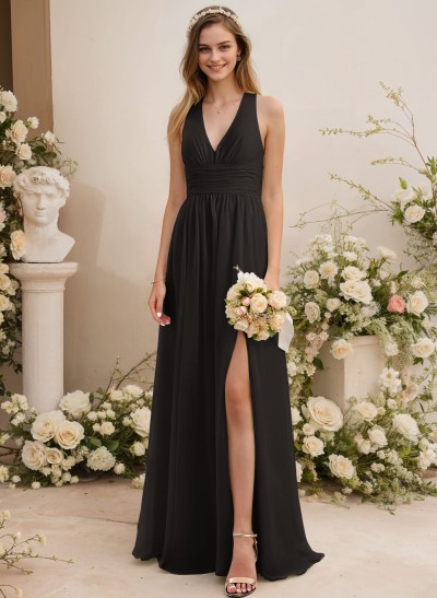 A-Line V-Neck Sleeveless Chiffon Floor-Length Bridesmaid Dress With Pleated