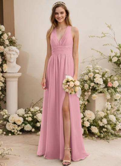 A-Line V-Neck Sleeveless Chiffon Floor-Length Bridesmaid Dress With Pleated