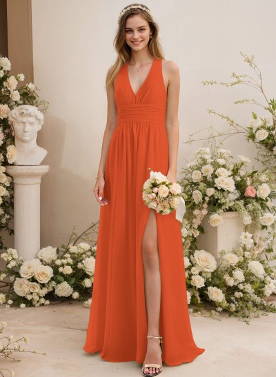 A-Line V-Neck Sleeveless Chiffon Floor-Length Bridesmaid Dress With Pleated