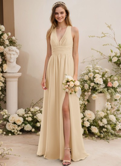 A-Line V-Neck Sleeveless Chiffon Floor-Length Bridesmaid Dress With Pleated