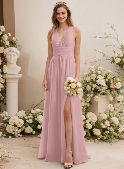 A-Line V-Neck Sleeveless Chiffon Floor-Length Bridesmaid Dress With Pleated