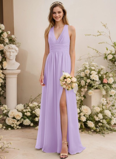 A-Line V-Neck Sleeveless Chiffon Floor-Length Bridesmaid Dress With Pleated