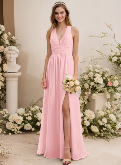 A-Line V-Neck Sleeveless Chiffon Floor-Length Bridesmaid Dress With Pleated